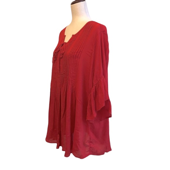 Style & Co Red Popover Blouse 3/4 Ruffle Sleeves Medium Front Tie New with Tags - Picture 2 of 12